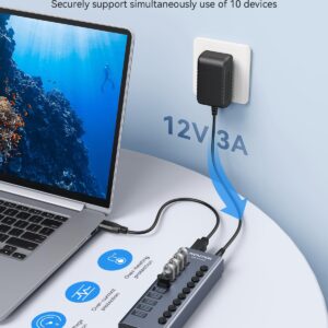 Powered USB 3.0 Hub, Wenter 10 Ports 36W Powered USB Hub, Aluminum USB Splitter with Individual On/Off Switches, SD/TF Card Readers and 12V/3A Power Adapter for PC/Laptops/MacBook Pro/Air/iMac/iPad