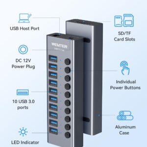 Powered USB 3.0 Hub, Wenter 10 Ports 36W Powered USB Hub, Aluminum USB Splitter with Individual On/Off Switches, SD/TF Card Readers and 12V/3A Power Adapter for PC/Laptops/MacBook Pro/Air/iMac/iPad