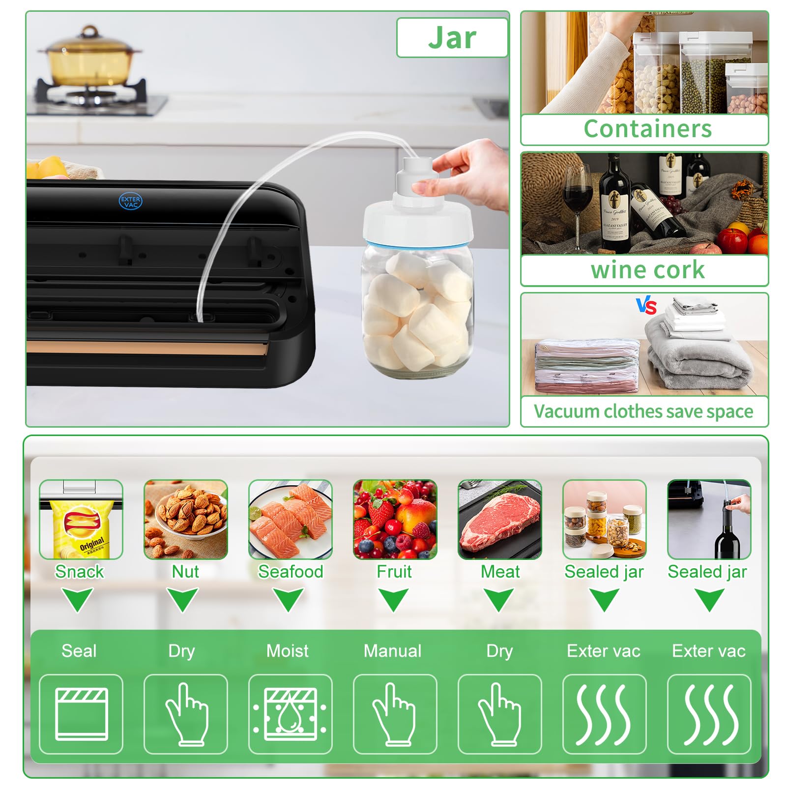 XLMYS Food Vacuum Sealer Machine (95KPA), Compact Automatic Food Vacuum Sealer with Vacuum Bags, LED Indicator Light, Dry & Moist Food Modes for Food Wine Preservation Storage