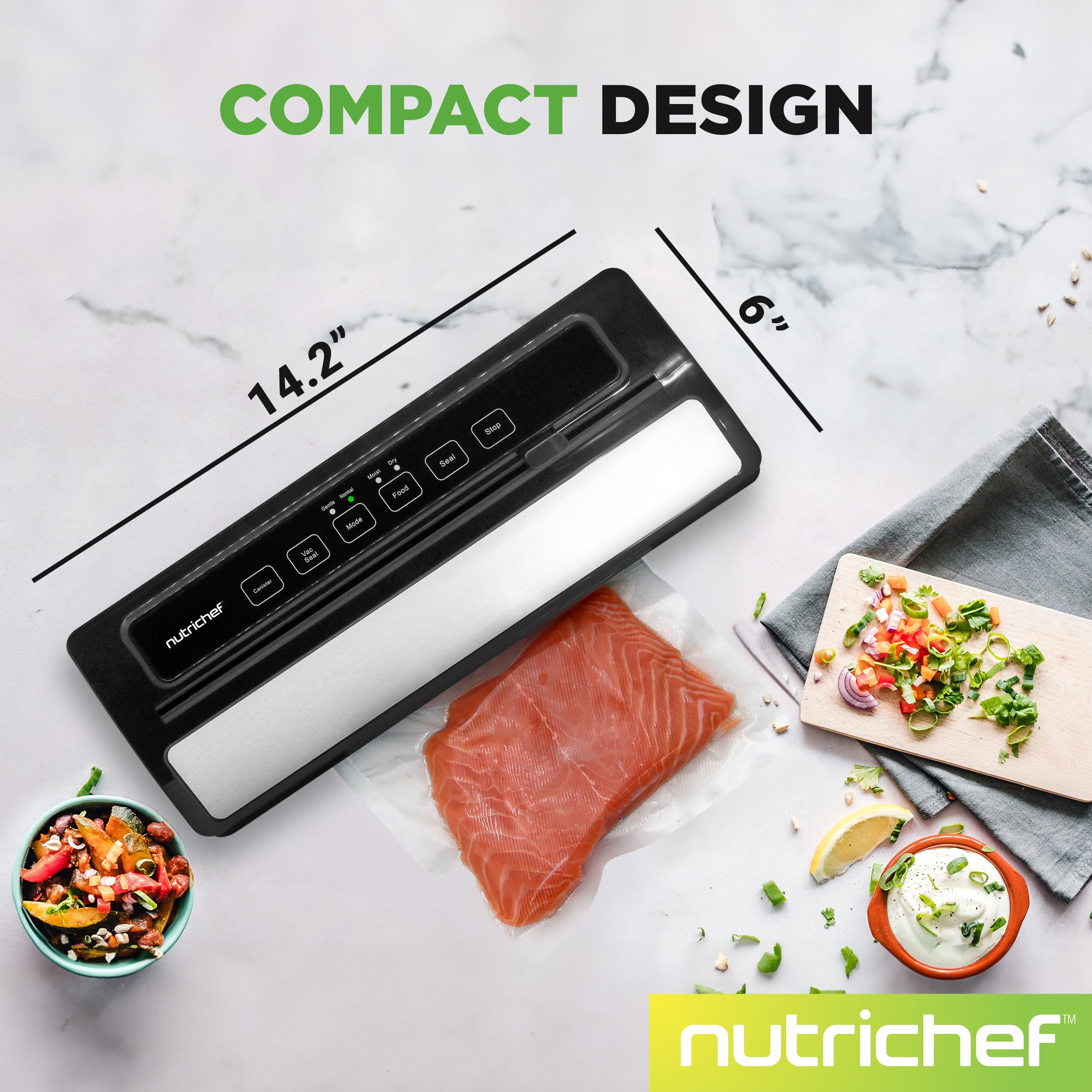 NutriChef Vacuum Sealer | Automatic Vacuum Air Sealing System For Food Preservation w/ Starter Kit | Compact Design | Lab Tested | Dry & Moist Food Modes | Led Indicator Lights