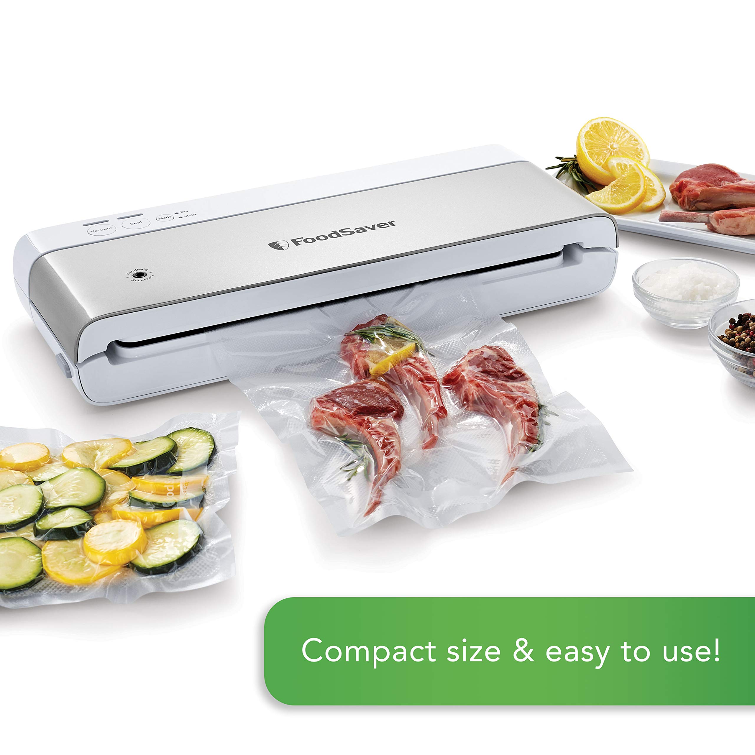 FoodSaver Compact Vacuum Sealer Machine Bundle with Sealer Bags and Rolls for Airtight Food Storage and Sous Vide