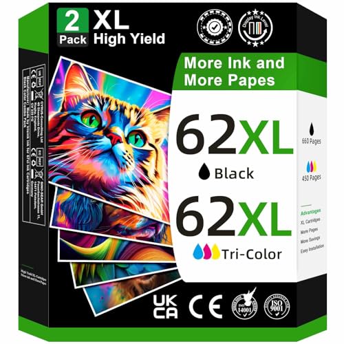 62XL Ink Cartridges Black and Color for HP 62XL Ink Cartridge Combo Pack Replacement for HP Ink 62 Fit for Envy 7640 5540 5640 7645 5560 5642 for OfficeJet 5740 5746 5745 200 258 250 Printer (2 Pack)