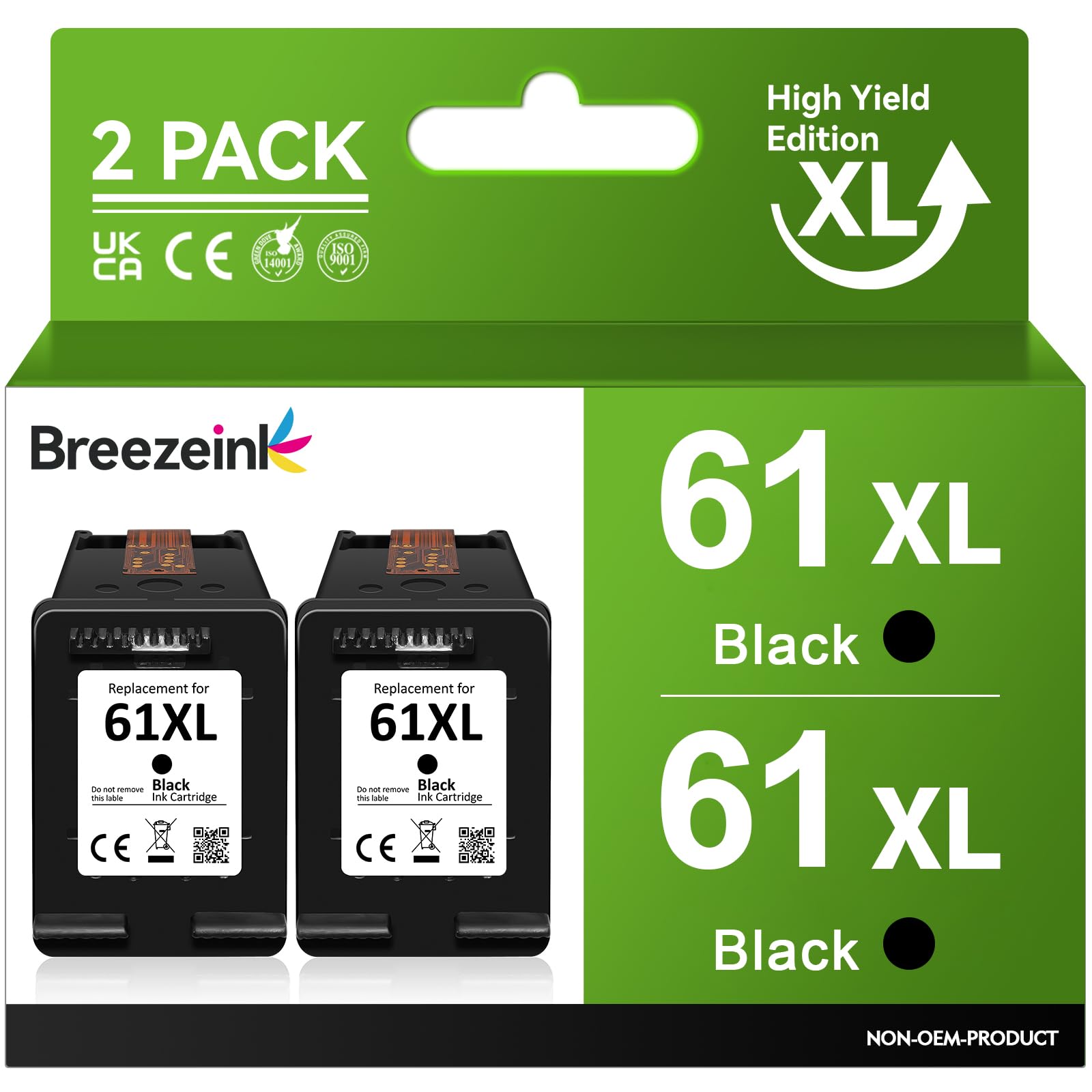 61XL Black Ink Cartridges Combo Pack High Yield Replacement for HP Ink 61 XL for Envy 4500 4501 5530 4502 5534 5535 for OfficeJet 4630 4635 for DeskJet 1000 1010 1055 1510 3050 3510 Printer (2 Black)