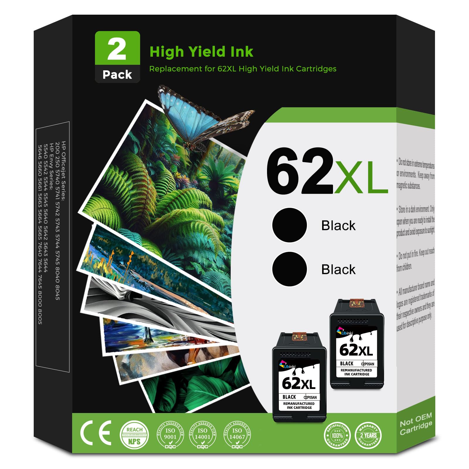 Ubinki Remanufactured Ink Cartridge Replacement for HP 62XL 62 HP62 XL HP62XL Ink (Black, 2Pack) to use with Envy 7645 7640 5660 5540 5640 OfficeJet 5740 5741 8040 OfficeJet 250 200 Series Printer