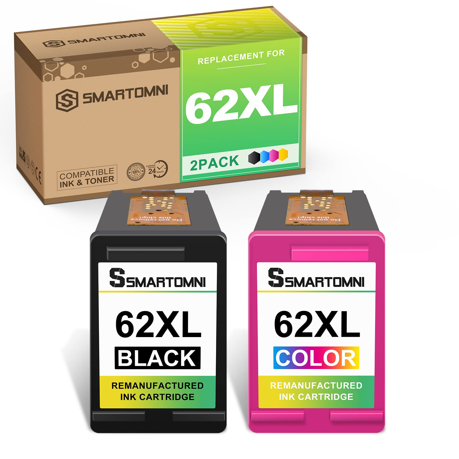 S SMARTOMNI 62XL Ink Cartridges Black and Color Replacement for HP Ink 62 62XL Cartridge Combo Pack High Yield for HP OfficeJet 200 250 Envy 5540 5660 5665 5740 7640 7645 (2 Pack, Black&Tricolor)