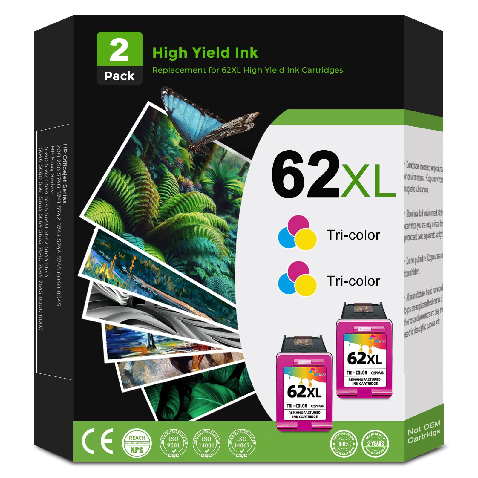 Ubinki Remanufactured Ink Cartridge Replacement for HP 62XL 62 XL (Tri-color, 2-Pack) HP62 XL HP62XL Color Cartridges for 7640 5660 7645 5540 5643 5644 5646 5660 5661 5740 8040 Printer