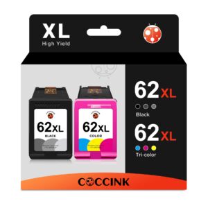 coccink 62xl ink cartridge replacement for hp envy 5660 7645 7640 5642 5643 5640 officejet 250 5740 200 5746 5745 200 250 mobile printer for hp 62 xl hp62 hp62xl combo pack (1 black, 1 tri-color)