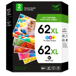 62XL Ink Cartridges High Yield Replacement for HP Ink 62xl Black and Color Combo Pack Work with HP Envy 5540 5549 5640 5660 7640 7645 OfficeJet Mobile 250 200 OfficeJet 5740 5741 8040 Printer