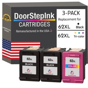 DoorStepInk Remanufactured in The USA Ink Cartridge Replacements for HP 62XL 62 XL 2 Black C2P05 1 Color C2P07 for HP Envy 5540 5541 5542 5646 7640 800 OfficeJet 200 250 5740 8045 5745