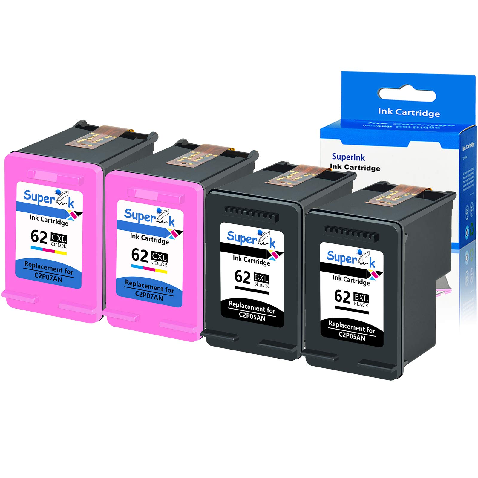 SuperInk 4 Pack Remanufactured Compatible for HP 62XL C2P05AN C2P07AN High Yield Ink Cartridge (2 Black, 2 Tri-Color) Use in Envy 5540 5541 5542;Officejet 200 250 258 5740 5741 5746 8040 Printer