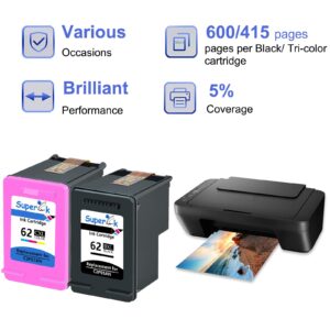 SuperInk 4 Pack Remanufactured Compatible for HP 62XL C2P05AN C2P07AN High Yield Ink Cartridge (2 Black, 2 Tri-Color) Use in Envy 5540 5541 5542;Officejet 200 250 258 5740 5741 5746 8040 Printer