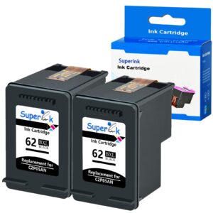 SuperInk 2 Pack Compatible for HP 62XL 62 XL Black High Yield Ink Cartridge (C2P05AN) Use in Envy 5540 5541 5542 5548 5660 5665 7640 7643 7644 7645;Officejet 200 250 258 5740 5741 5746 8040 Printer