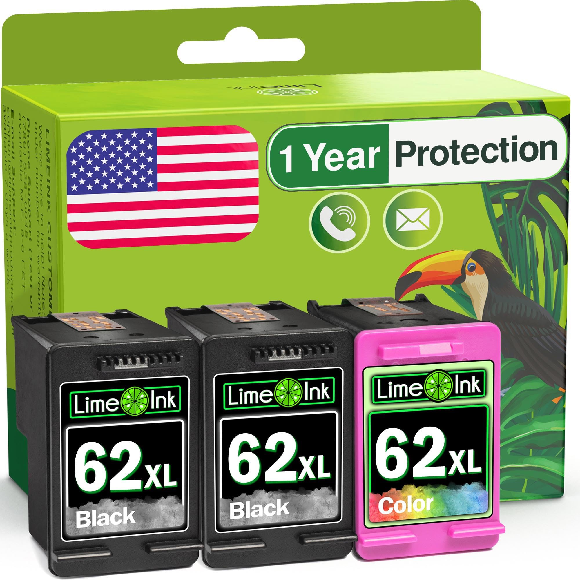 Limeink 3 Remanufactured Ink Cartridge Replacement for HP 62xl Ink Cartridges Black and Color for HP Ink 62 XL for hp 62xl ink cartridge combo pack for HP Ink 62xl Black and Color Combo - 2BK, 1 Color