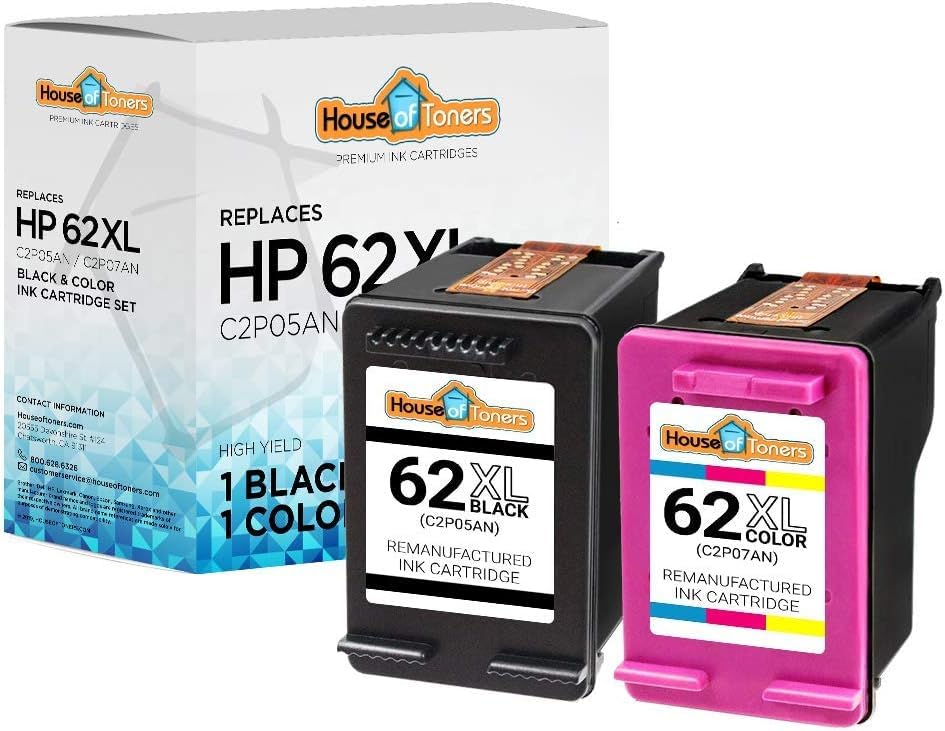 Houseoftoners 62XL Ink Cartridges Combo for HP Ink 62 62XL High Yield Works with HP 62XL Envy 5540 5640 5660 7644 7645 OfficeJet 5740 5742 8040 8045 2 Pack of (1 Black and 1 Color)