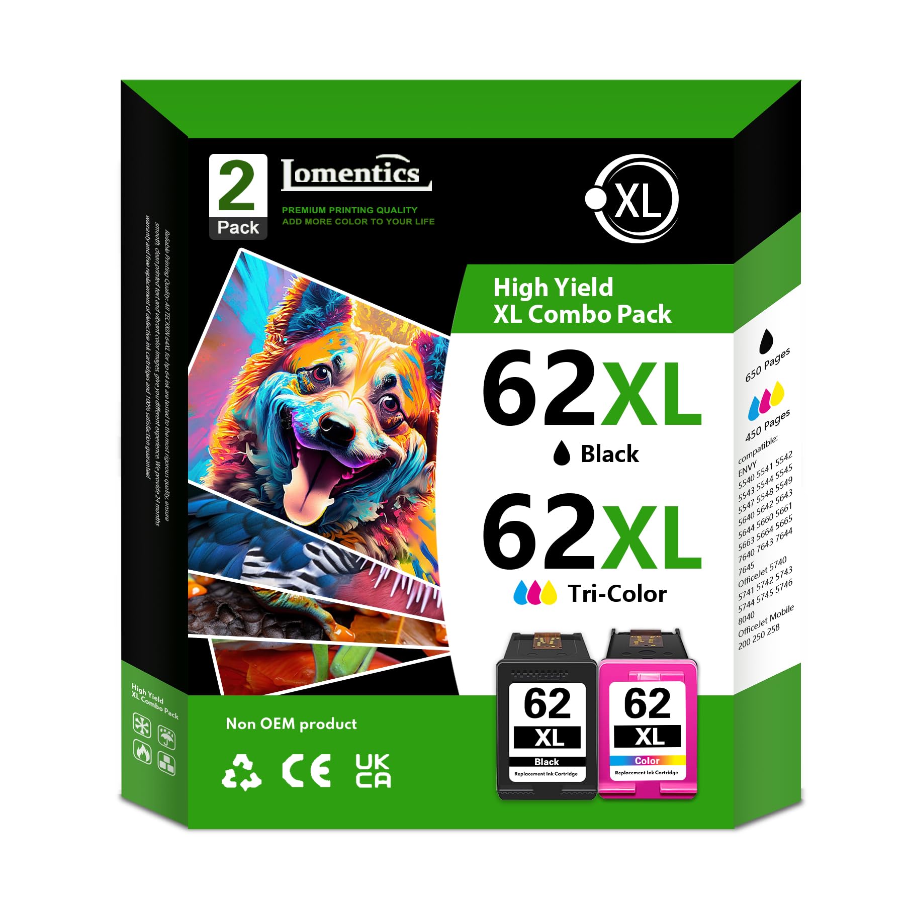 62XL Black and Color Ink Cartridge Combo Pack (2Pack) -LOMENTI Compatible Ink Cartridges Replacement for HP 62XL High Yield Ink Cartridge for Envy 5540 5642 OfficeJet 200 250 5740 8040 Printer