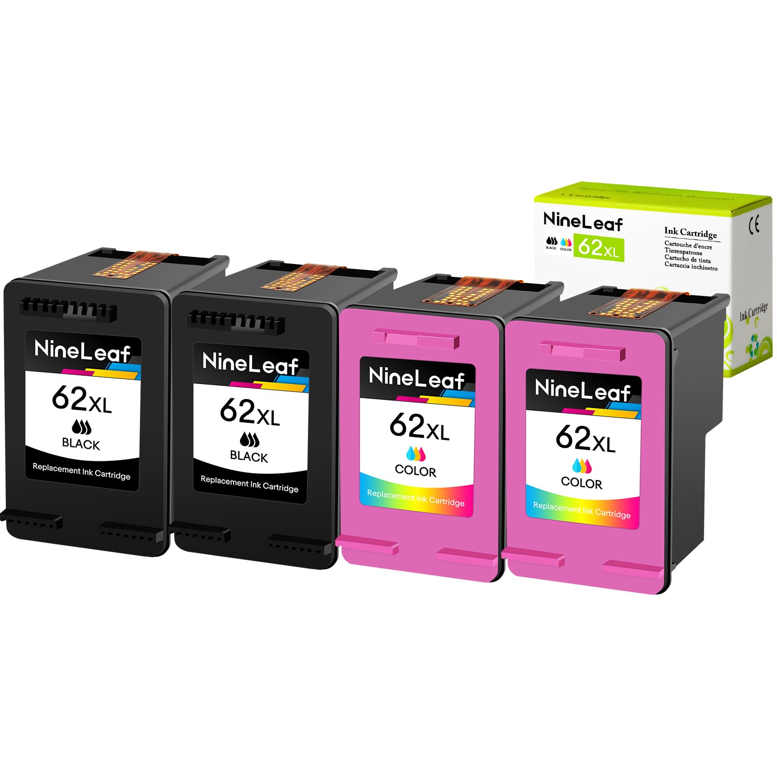 NineLeaf 4 Pack Remanufactured Ink Cartridge Replacement for HP 62XL 62 XL use in Envy 5540 5640 5660 7644 7645 OfficeJet 5740 8040 OfficeJet 200 250 Series Inkjet Printer（2 Black 2 Tri-Color