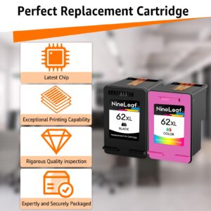 NineLeaf 4 Pack Remanufactured Ink Cartridge Replacement for HP 62XL 62 XL use in Envy 5540 5640 5660 7644 7645 OfficeJet 5740 8040 OfficeJet 200 250 Series Inkjet Printer（2 Black 2 Tri-Color