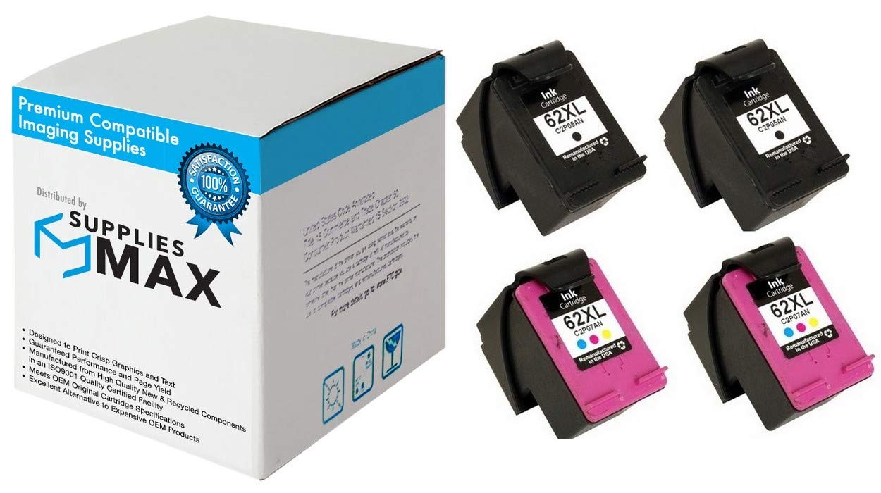 SuppliesMAX Remanufactured Replacement for HP Envy 5540/5545/5640/5660/5665/7640/7645/8000/8005 High Yield Inkjet Combo Pack (2-Black/2-Color) (NO. 62XL) (F6U01FN_2PK)