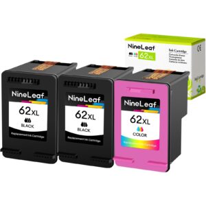 NineLeaf 3 Pack Remanufactured Ink Cartridge Replacement for HP 62XL 62 XL use in Envy 5540 5640 5660 7644 7645 OfficeJet 5740 8040 OfficeJet 200 250 Series Inkjet Printer（2 Black 1 Tri-Color