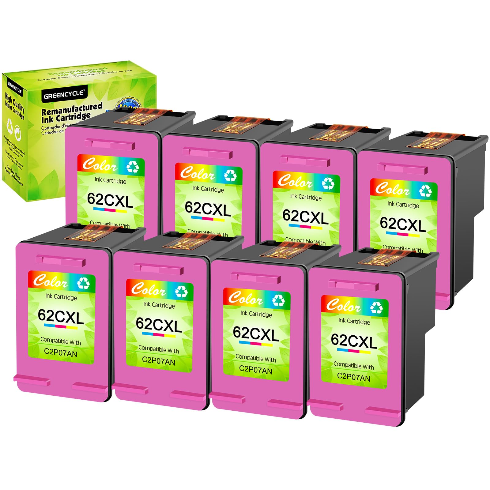 greencycle Remanufactured Ink Cartridge Replacement for HP 62XL 62 XL C2P07AN Compatible for Envy 5540 5640 5660 7644 7645 OfficeJet 5740 8040 OfficeJet 200 250 Series Printer (Tri-Color, 8 Pack)