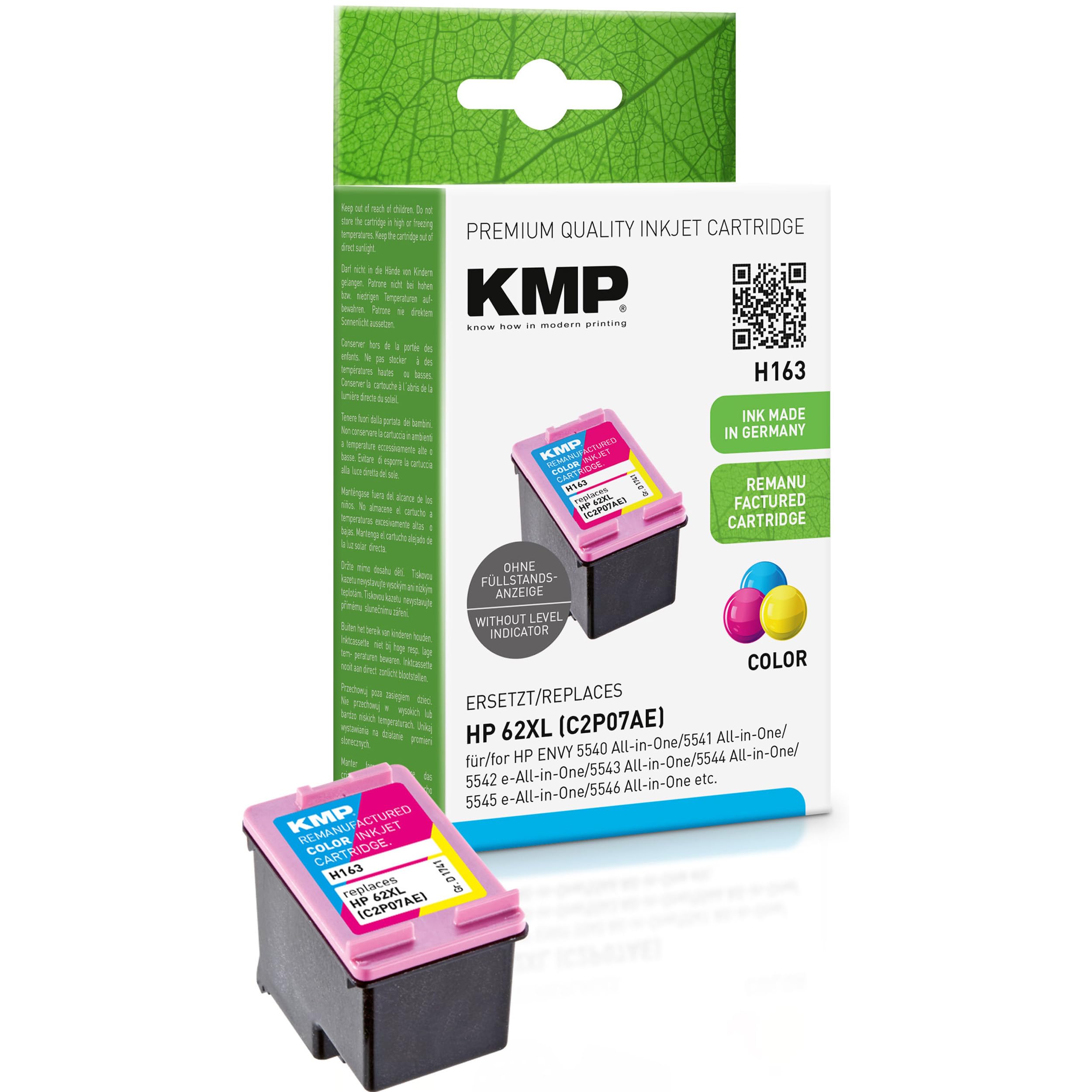 KMP H163 Ink Cartridge Remanufactured for HP 62XL Magenta Cyan Yellow for HP OfficeJet 5740/5700 Series Envy e-All-in-One 5540/5600 Series etc.