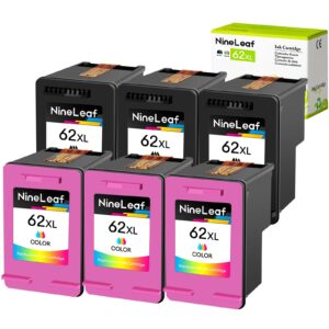 NineLeaf 6 Pack Remanufactured Ink Cartridge Replacement for HP 62XL 62 XL use in Envy 5540 5640 5660 7644 7645 OfficeJet 5740 8040 OfficeJet 200 250 Series Inkjet Printer（3 Black 3 Tri-Color