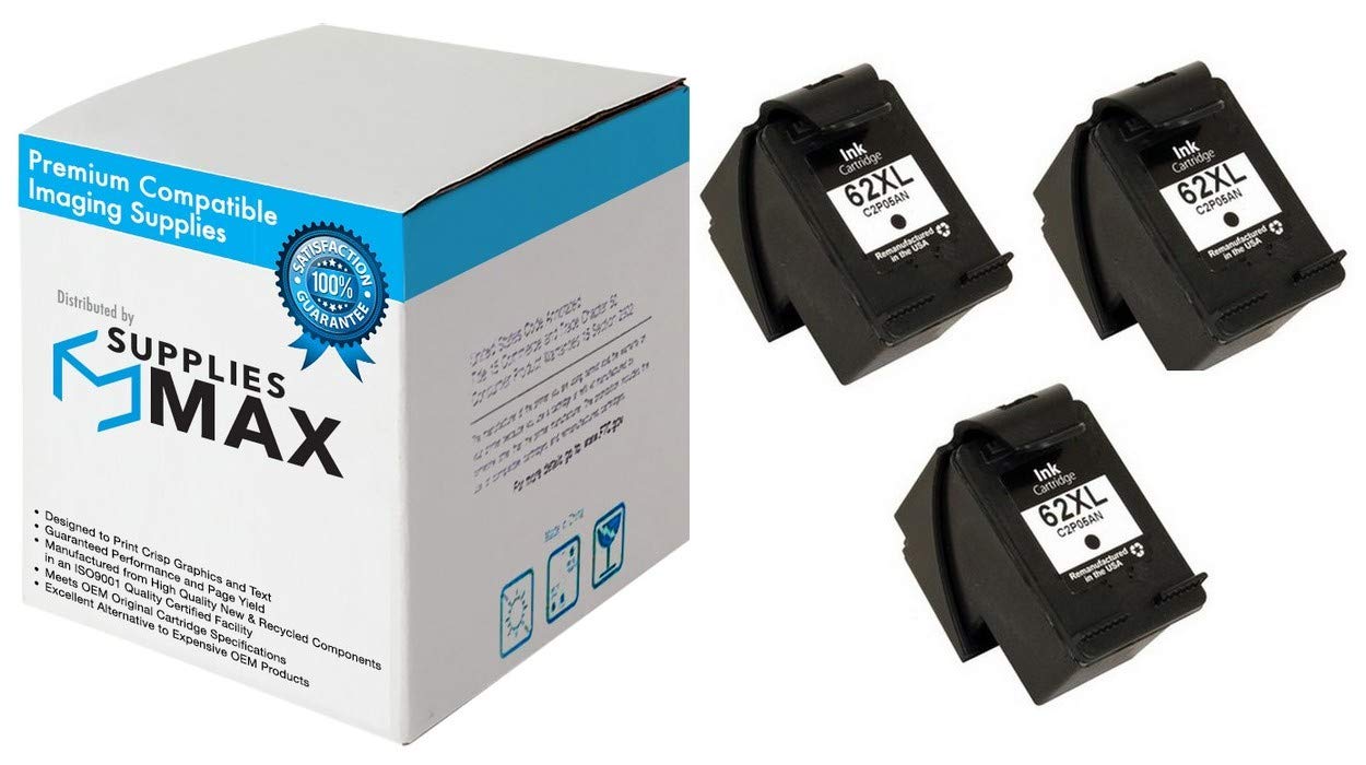 SuppliesMAX Remanufactured Replacement for HP Envy 5540/5545/5640/5660/5665/7640/7645/8000/8005 Black High Yield Inkjet (3/PK-600 Page Yield) (NO. 62XL) (C2P05AE_3PK)