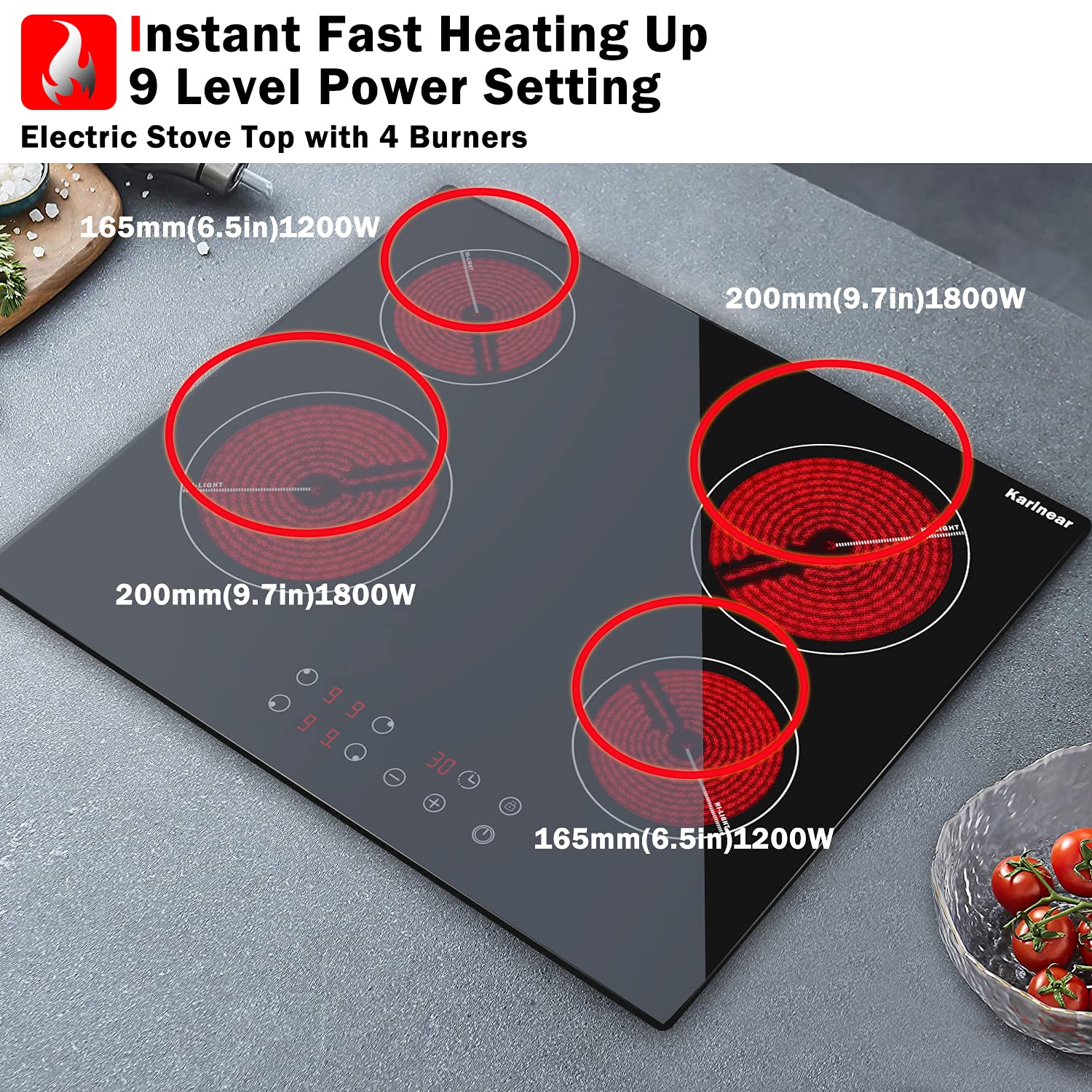 Karinear Drop-in 4 Burner Electric Cooktop 24 Inch Electric Radiant Cooktop, Electric Stove Top with Residual Heat Indicator, Child Safety Lock, Timer, 220-240V, 6000W, Hard Wire(No Plug)