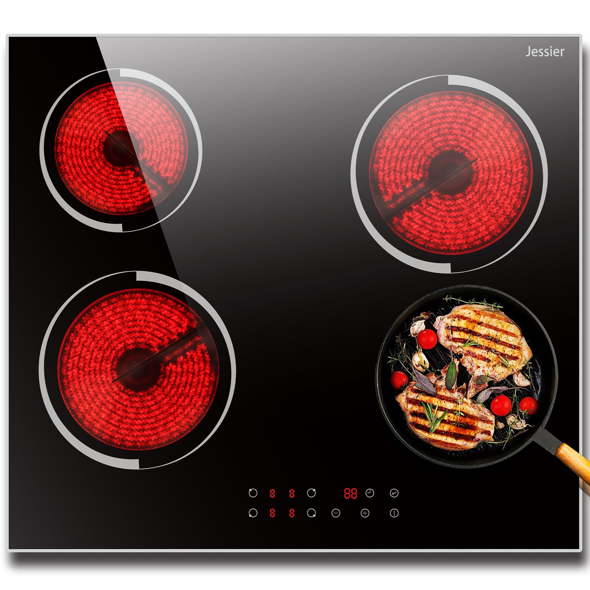 Jessier Electric Cooktop 24 Inch - 4 Burner Drop-in Electric Ceramic Cooktop, Electric Stove Top with Glass Protection Metal Frame, 9 Heating Level, 6000W, 220-240V for Hard Wire(No Plug)