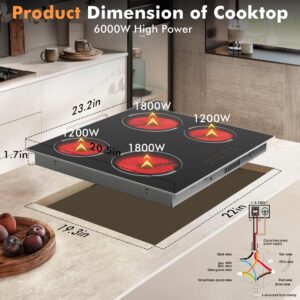 Jessier Electric Cooktop 24 Inch - 4 Burner Drop-in Electric Ceramic Cooktop, Electric Stove Top with Glass Protection Metal Frame, 9 Heating Level, 6000W, 220-240V for Hard Wire(No Plug)