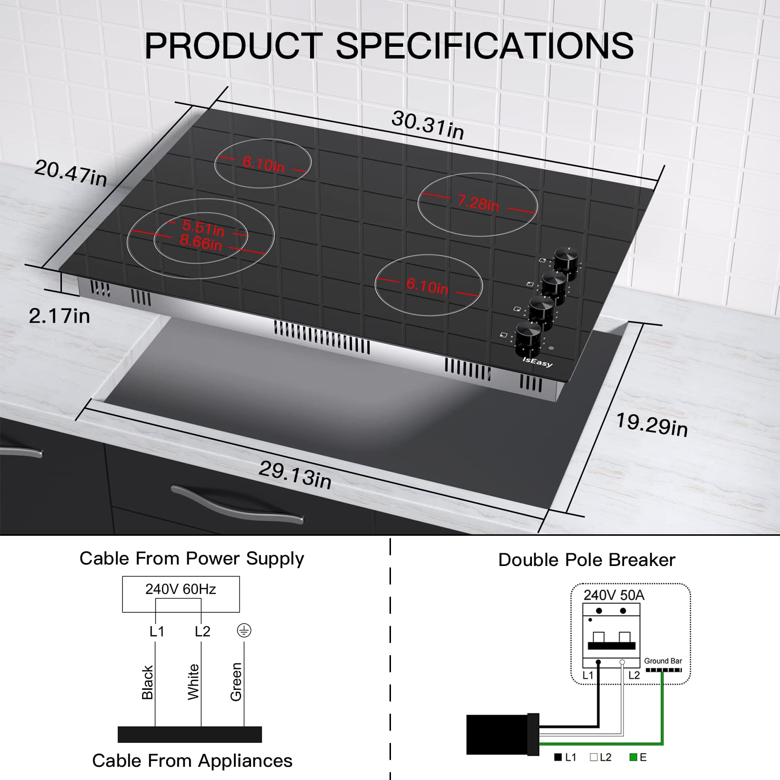 Electric Cooktop 30 inch Ceramic Stove 4 Burners Built-in Stove Top Electric Hot Plate Satin Glass cooktop in Black, Control by Knob/Timer/Child Safety Lock/9 Power Levelsr/220-240V 6700W