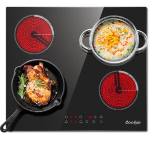 Cooksir Electric Cooktop 24 Inch, 4 Burner Electric Stove Top Drop-in 220V-240V, 24 Inch large Ceramic Stovetop with Ceramic Glass, Timer, Kids Safety Lock, 9 Heating Level, 220V Hard Wired (No Plug)