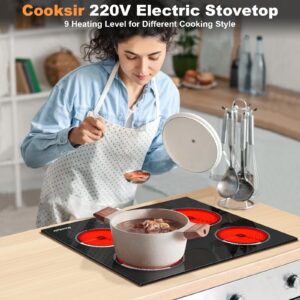 Cooksir Electric Cooktop 24 Inch, 4 Burner Electric Stove Top Drop-in 220V-240V, 24 Inch large Ceramic Stovetop with Ceramic Glass, Timer, Kids Safety Lock, 9 Heating Level, 220V Hard Wired (No Plug)