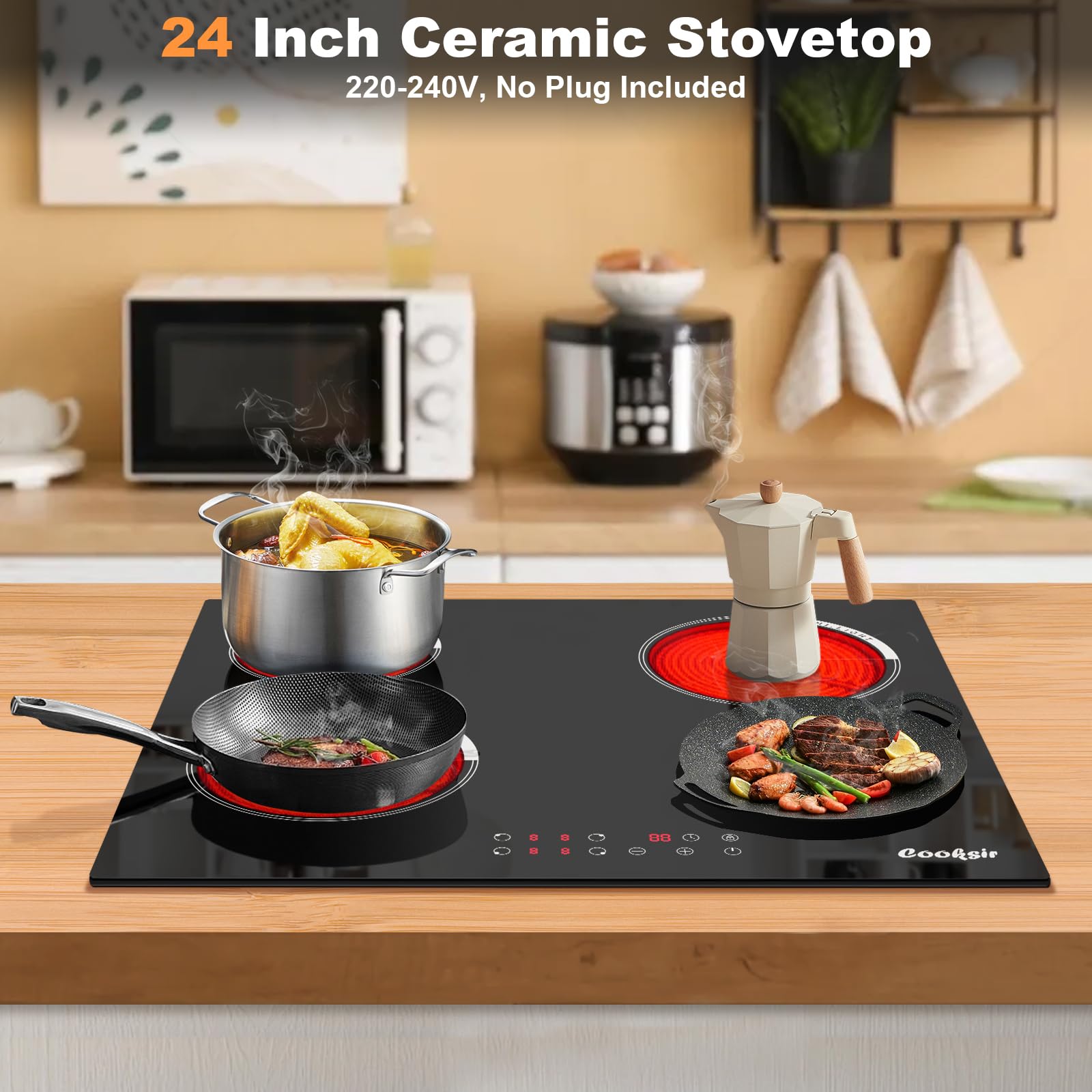 Cooksir Electric Cooktop 24 Inch, 4 Burner Electric Stove Top Drop-in 220V-240V, 24 Inch large Ceramic Stovetop with Ceramic Glass, Timer, Kids Safety Lock, 9 Heating Level, 220V Hard Wired (No Plug)