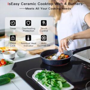 Electric Cooktop 30 inch Ceramic Stove 4 Burners Built-in Stove Top Electric Hot Plate Satin Glass cooktop in Black Touch Sensor Control/Timer/Child Safety Lock/9 Power Levelsr/220-240V 6700W