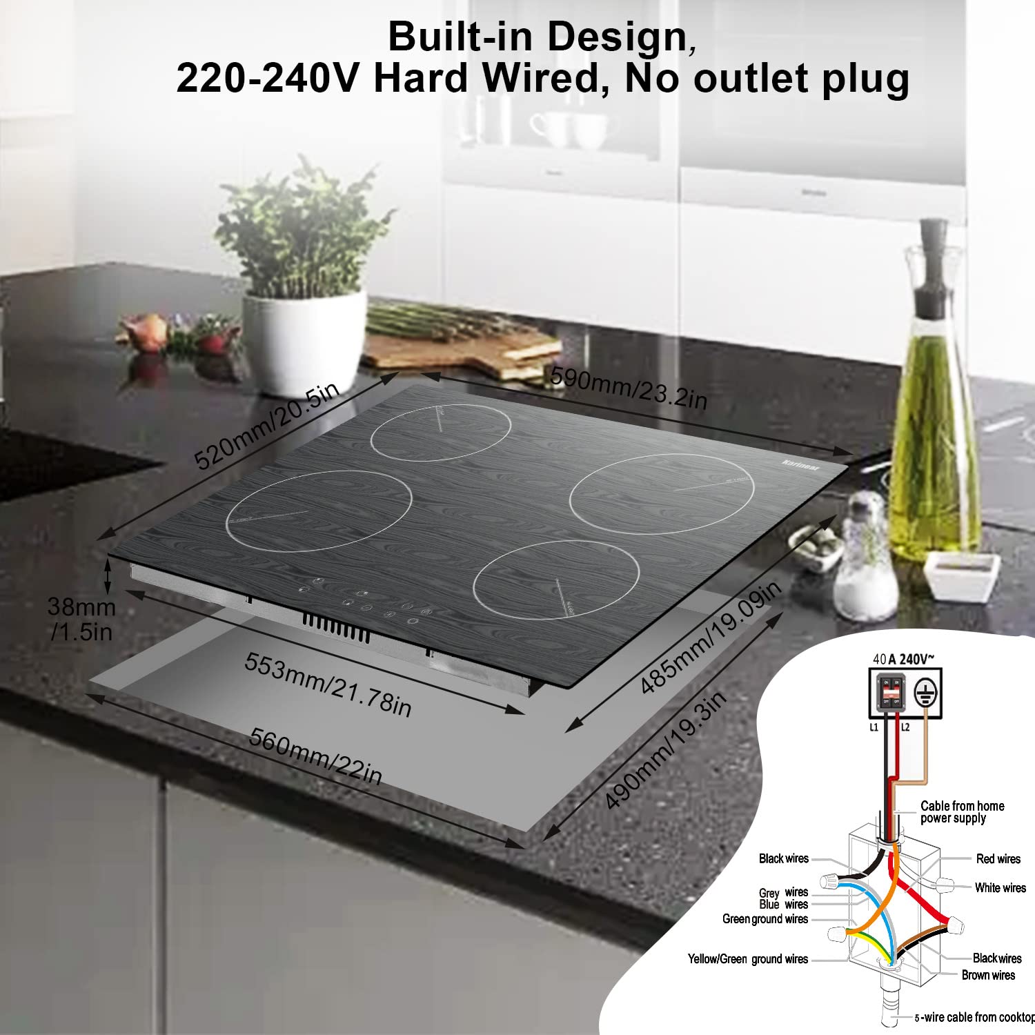 Karinear Electric Cooktop 24 Inch, 4 Burners Built-in Electric StoveTop with Wooden Patterned Surface, Ceramic Cooktop with Child Lock, Timer, Residual Heat Indicator,220-240v Hard Wired,No Plug(LH06)