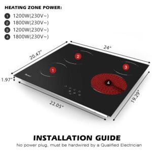 Electric Cooktop 24",220V~240V Built-in 4 Burners Ceramic Cooktop with Hard Wire, 6000W Touch Control Glass Cooktop, 24 Inch Electric Stove Top,Hard Wire(No Plug)