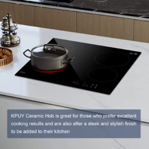 KPUY Electric Cooktop 24 Inch - 4 Burner Electric Cooktop & Electric Ceramic Cooktop, Electric Stove Top Sensor Touch with 9 Heating Level&Timer, 6000W, 220-240V for Hard Wire(No Plug)