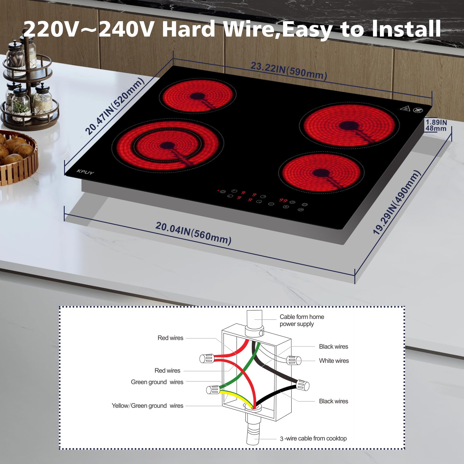 KPUY Electric Cooktop 24 Inch - 4 Burner Electric Cooktop & Electric Ceramic Cooktop, Electric Stove Top Sensor Touch with 9 Heating Level&Timer, 6000W, 220-240V for Hard Wire(No Plug)