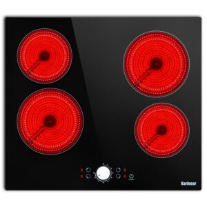 karinear 24 inch electric cooktop 4 burners electric stove top, 220-240v built-in electric ceramic cooktop with knob control,9 power levels, black glass,no plug