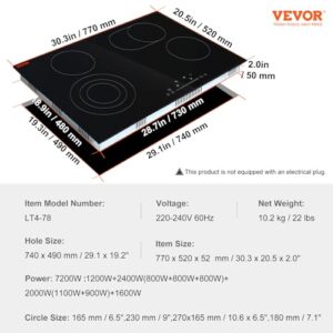 VEVOR Electric Stove Top 30 Inch,4 Burners Electric Cooktop,9 Power Levels & Sensor Touch Control,Easy to Clean Ceramic Glass Surface,Child Safety Lock,240V