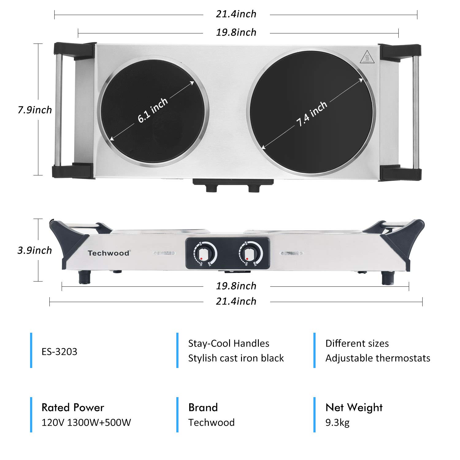 Techwood Electric Stove, Double Infrared Ceramic Hot Plate for Cooking, Two Control Cooktop Burner, Portable Anti-scald handles Suitable for Office/Home/Camp Use, 1800W Compatible for All Cookwares