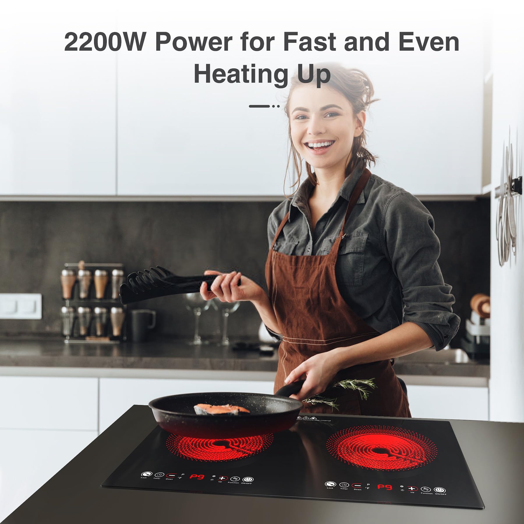 VBGK Electric cooktop,110V 24 inch 2 Burner Electric Cooktop,Built-in and Countertop Electric Stove Top,2200W Electric Stove,9 Power Levels, Kids Lock & Timer,LED touch control,Overheat Protection