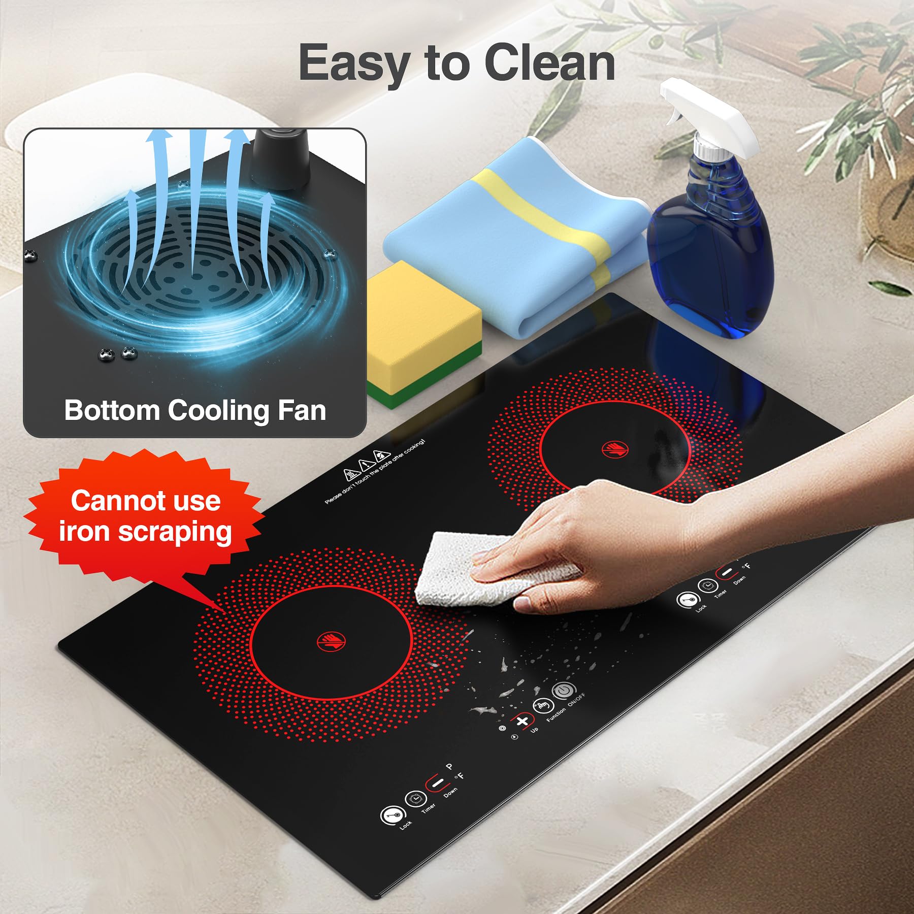 VBGK Electric cooktop,110V 24 inch 2 Burner Electric Cooktop,Built-in and Countertop Electric Stove Top,2200W Electric Stove,9 Power Levels, Kids Lock & Timer,LED touch control,Overheat Protection