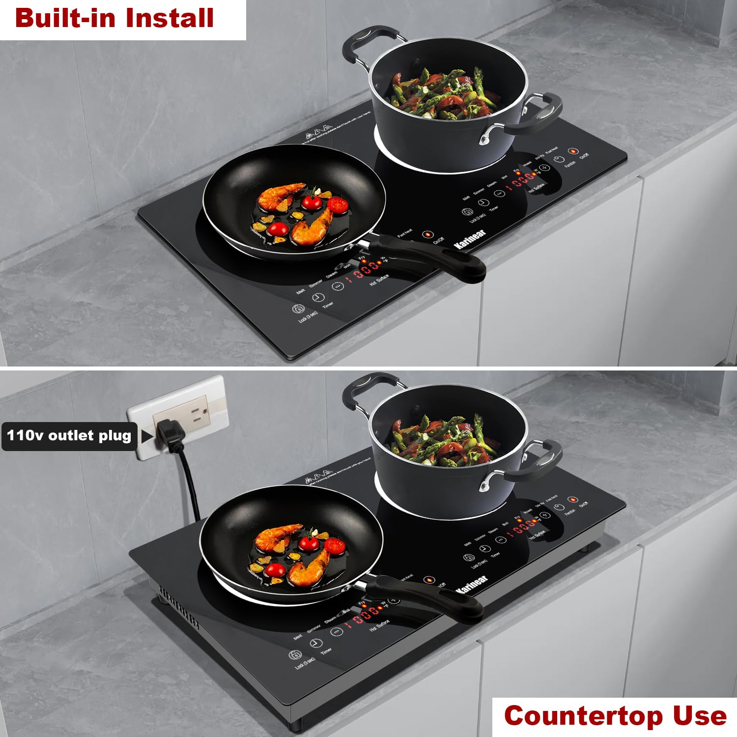 Karinear 2 Burners Electric Cooktop 24 Inch, 110v~120v Countertop and Built-in Elecric Stove Top, Portable Electric Radiant with Outlet Plug, Sensor Touch, Child Safety Lock, Timer