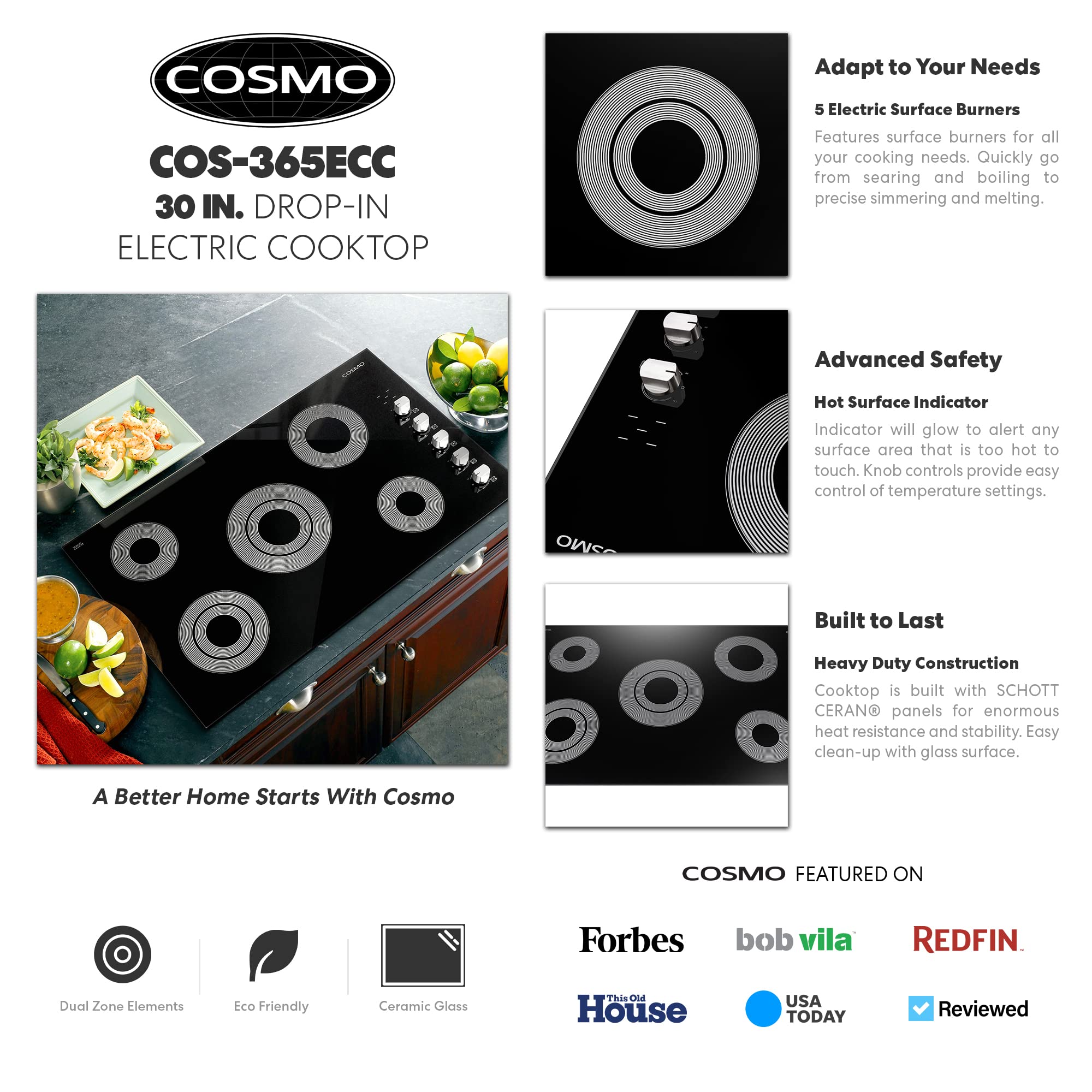 COSMO COS-365ECC Electric Ceramic Glass Cooktop with 4 Burners, Dual Zone Element, Hot Surface Indicator Light and Control Knobs, 36 inches, Black