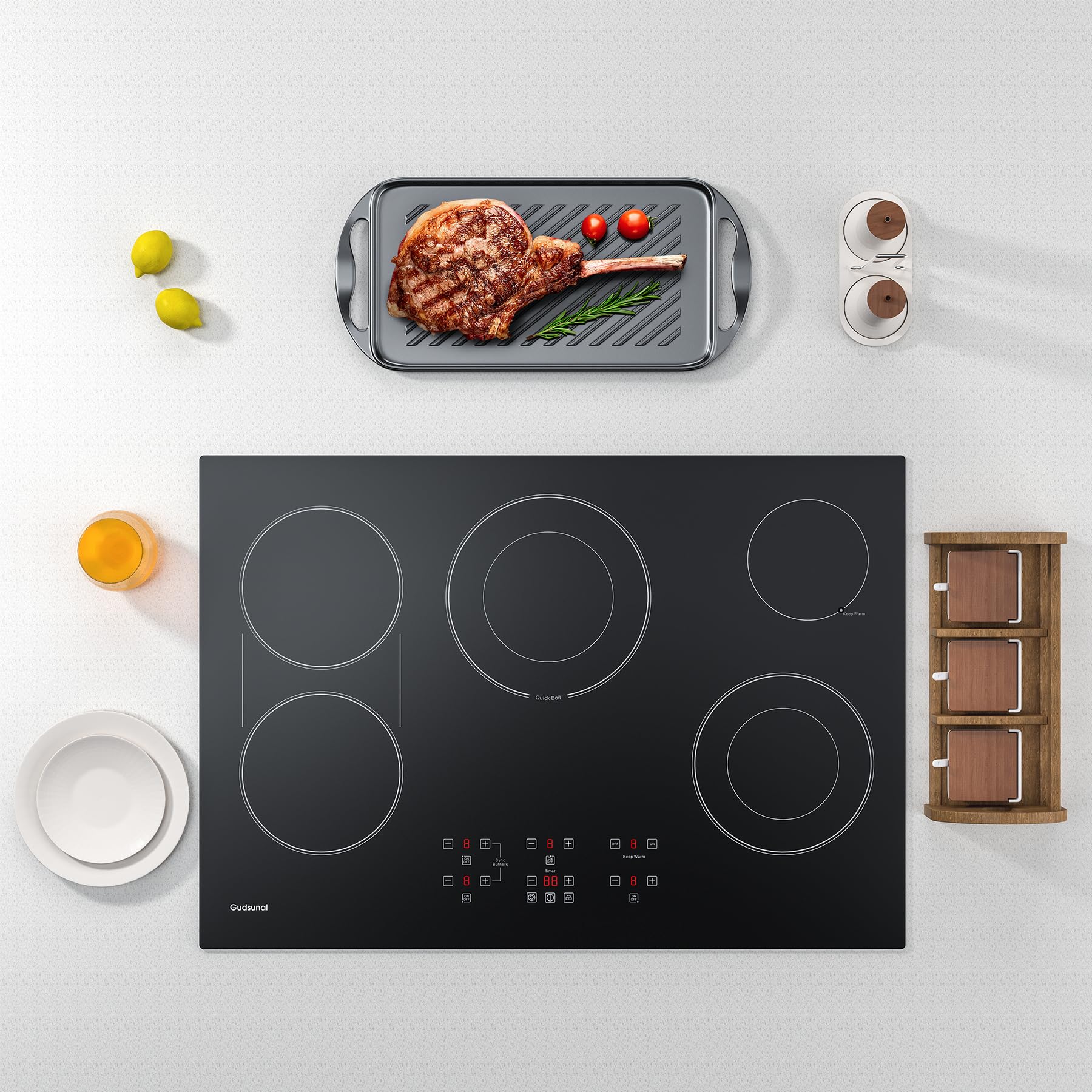 Gudsunal 30 Inch Electric Cooktop 5 Burners, ETL & FCC Certificated, Sync Elements, Keep Warm Setting, 9 Heating Level, Timer, Child Lock & Auto Shutdown, Drop-in Electric Stove Top