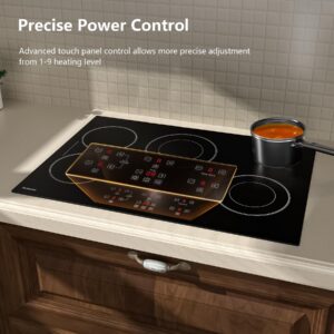 Gudsunal 30 Inch Electric Cooktop 5 Burners, ETL & FCC Certificated, Sync Elements, Keep Warm Setting, 9 Heating Level, Timer, Child Lock & Auto Shutdown, Drop-in Electric Stove Top