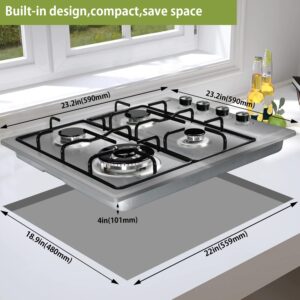 Karinear 24 Inch Gas Cooktop Gas Stove 4 Burners, Built-in Stainless Steel Gas Hob, NG/LPG Dual Fuel Gas Stovetop with Thermocouple Protection for Apartments, Indoor (Come with Pressure Regulator)