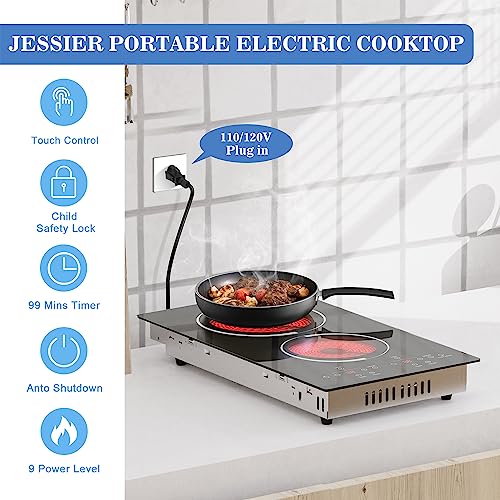 Jessier 12 Inch Electric Cooktop - 2 Burner Countertop & Built-in Electric Stove Top, 120V Plug in Electric Cook Top, Timer, Safety Lock, Over-Temperature Protection, Sensor Touch Control